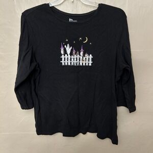 classic elements‎ 16W Halloween 3/4 Sleeve T Shirts Ghost Fence Cute Black